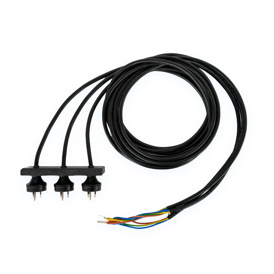 Black electrical cable with multiple connectors on a white background