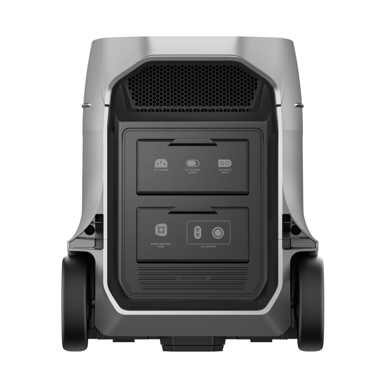 Rear view of a portable power station with ports and wheels for easy mobility