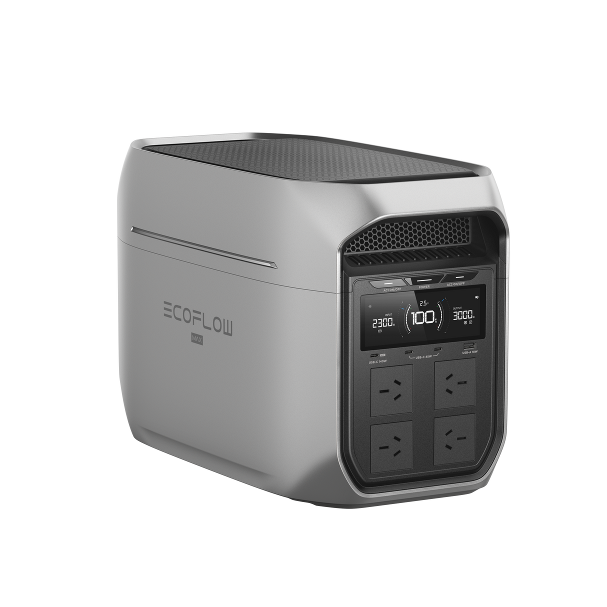 Portable power station with digital display and four AC outlets, grey color, angled view