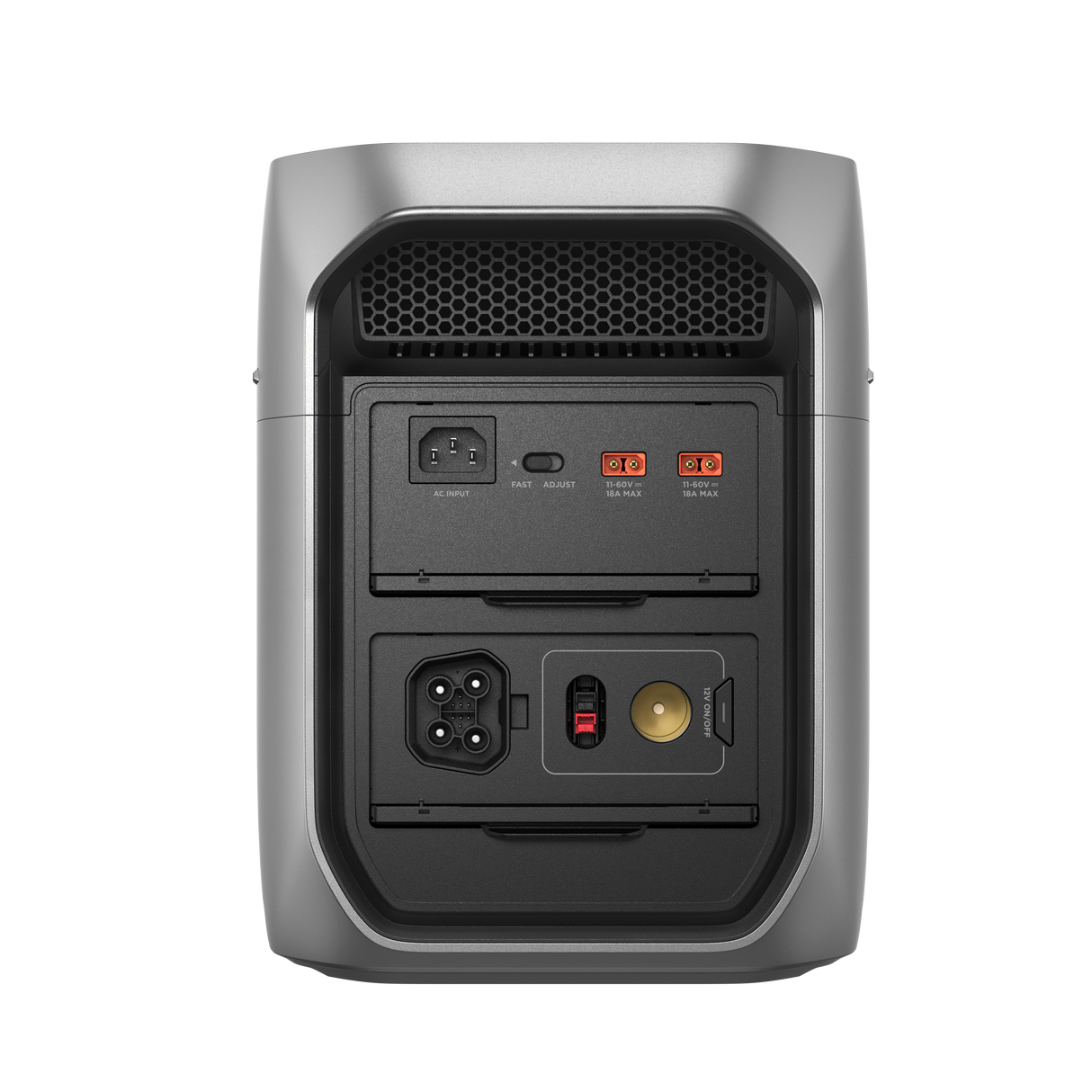 Portable power station rear panel with multiple input and output ports, isolated on white