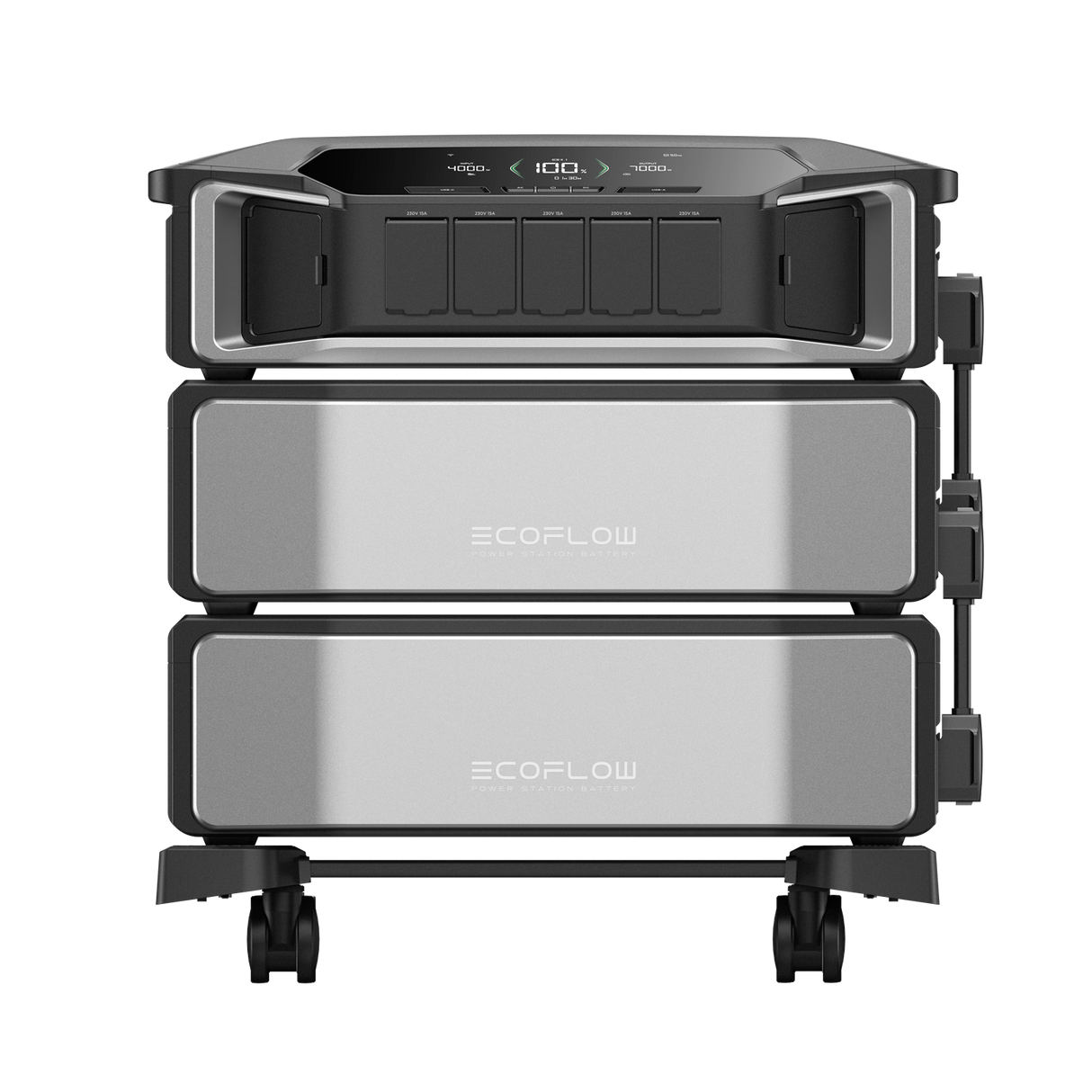 Stack of EcoFlow power stations on a white background