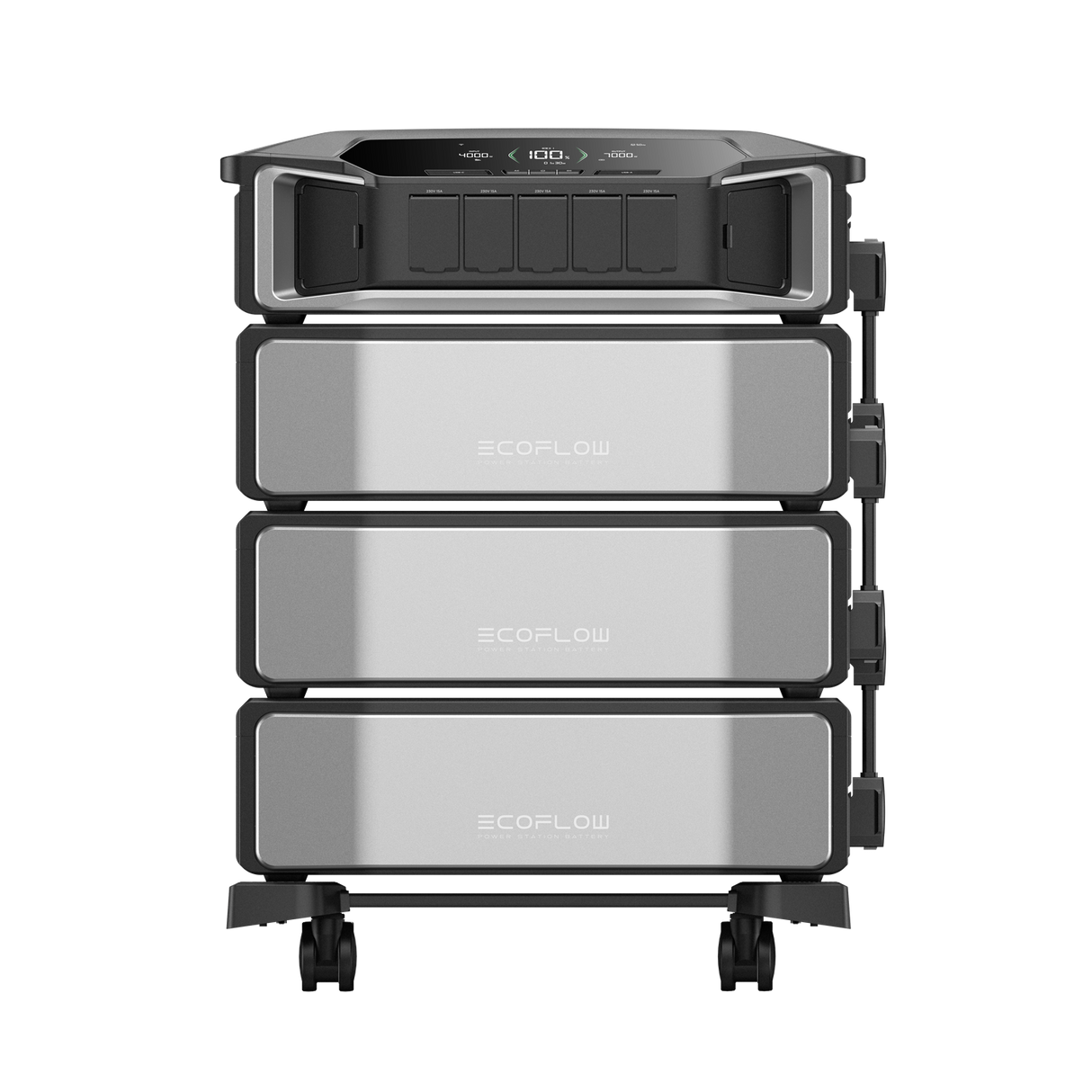 Stack of EcoFlow power stations on a white background