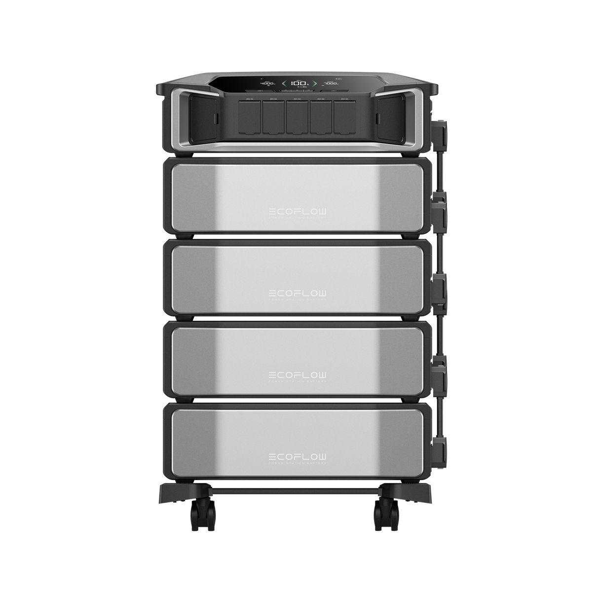 Stack of silver electronic devices with 'EcoFlow' branding on a white background