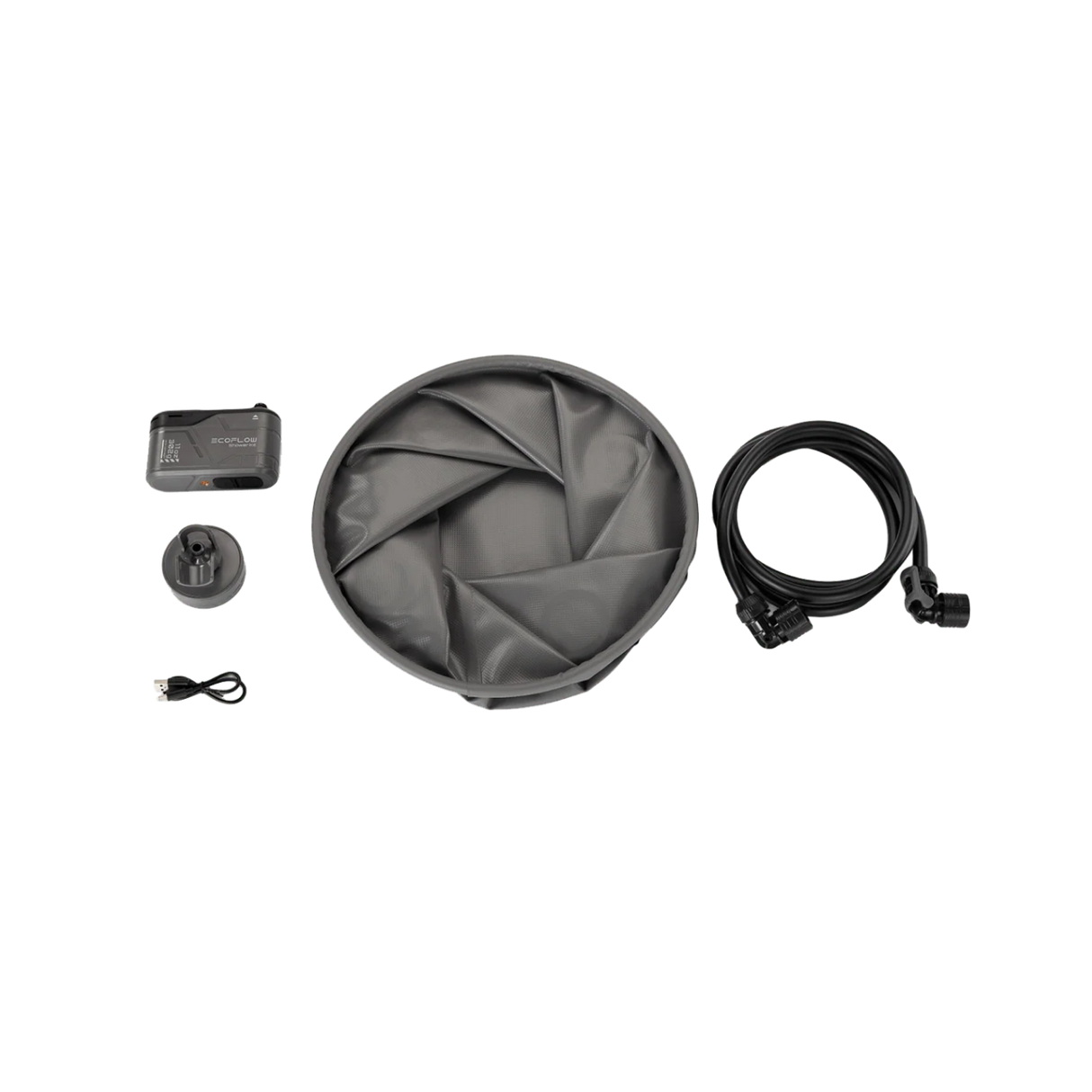 EcoFlow shower kit with portable water pump, collapsible basin, and accessories for outdoor use