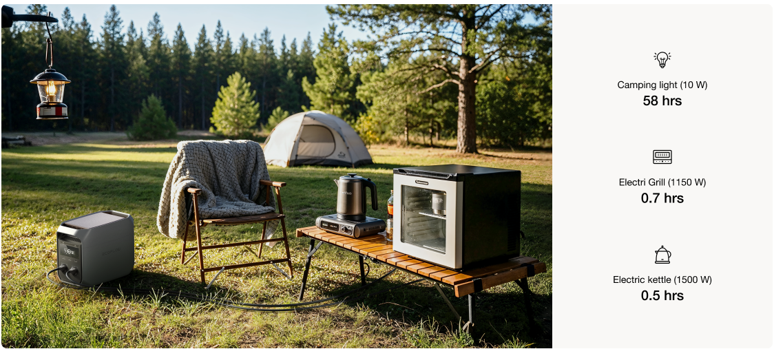 EcoFlow DELTA 3 Classic powering camping gear at a campsite, including a kettle and portable fridge