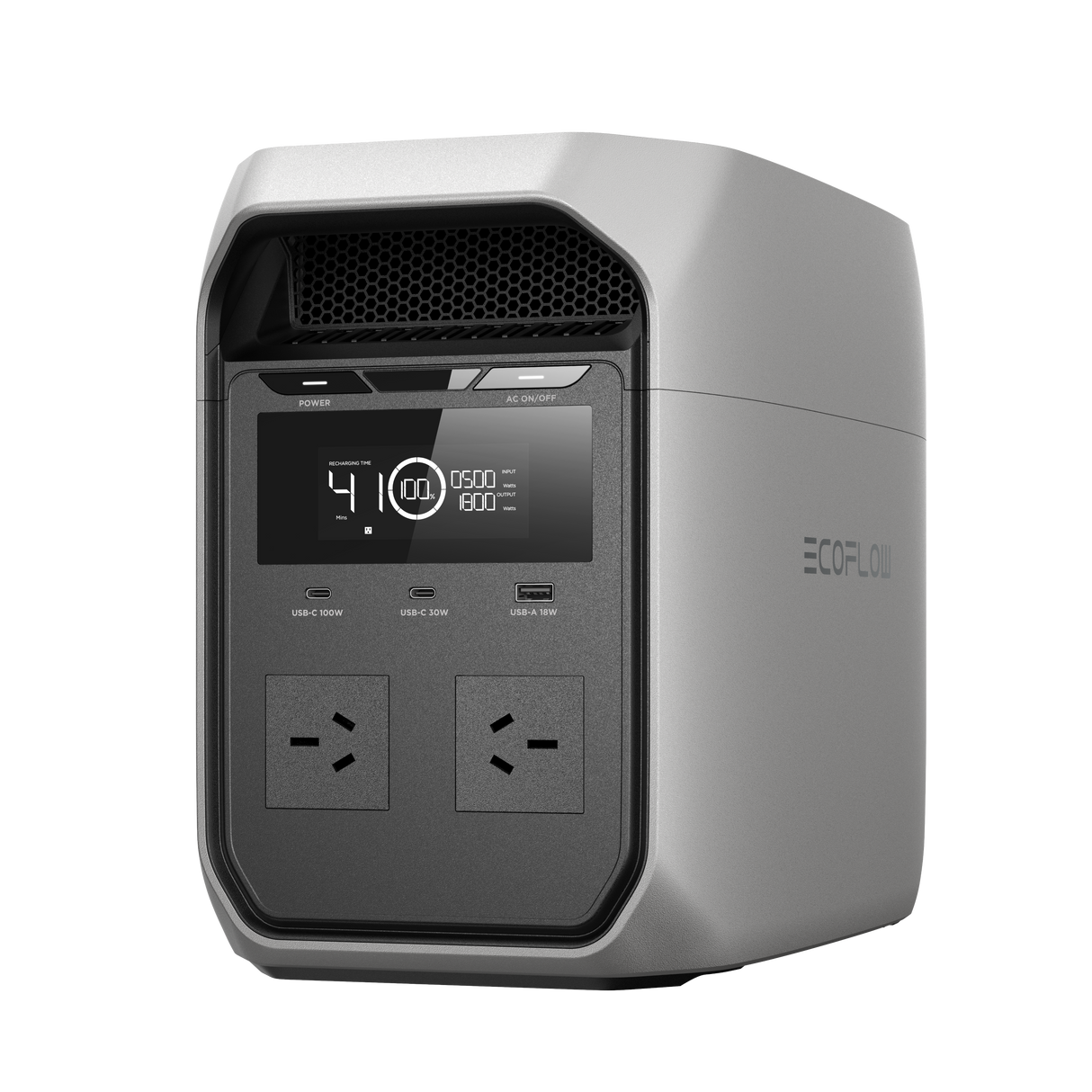 EcoFlow portable power station with digital display and multiple charging ports