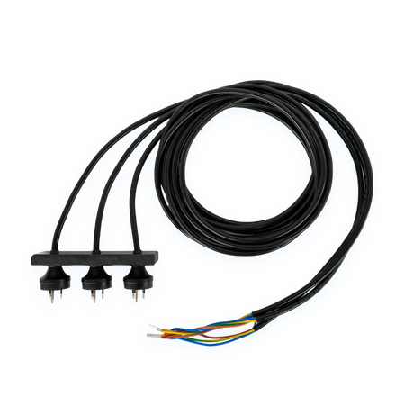 Black electrical cable with multiple connectors on a white background
