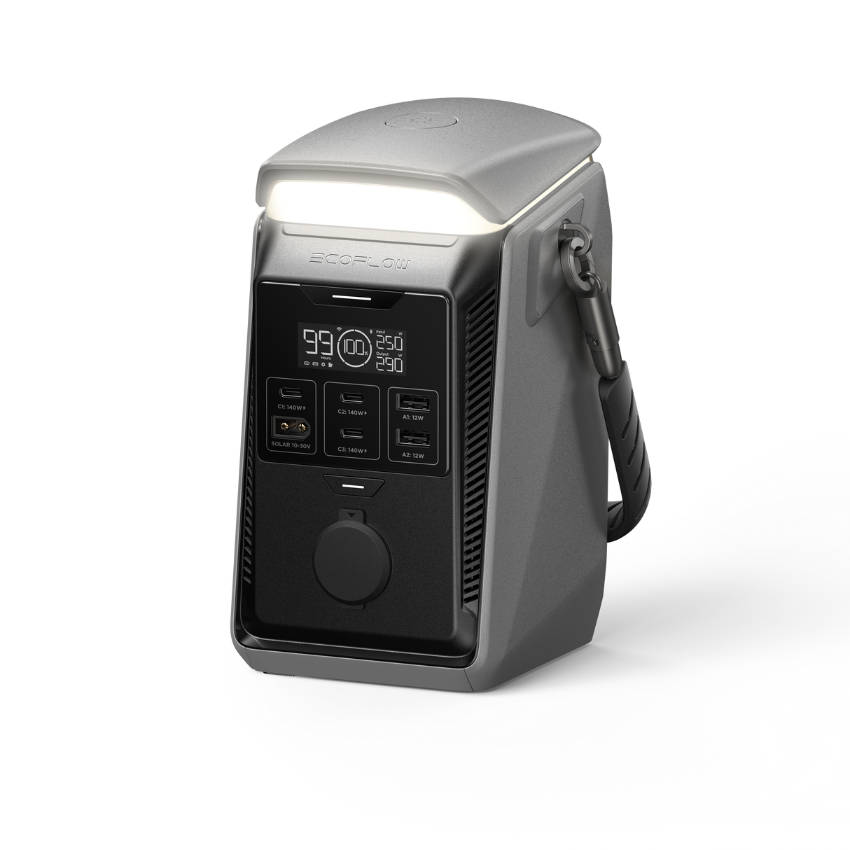 Portable power station with digital display, USB ports, and top LED light, isolated on white