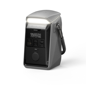 Portable power station with digital display, USB ports, and top LED light, isolated on white