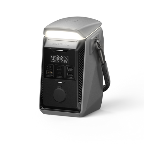 Portable power station with digital display, USB ports, and top LED light, isolated on white