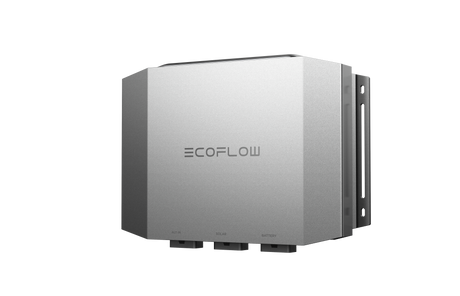 Wall-mounted silver power management module with EcoFlow text, solar and battery ports