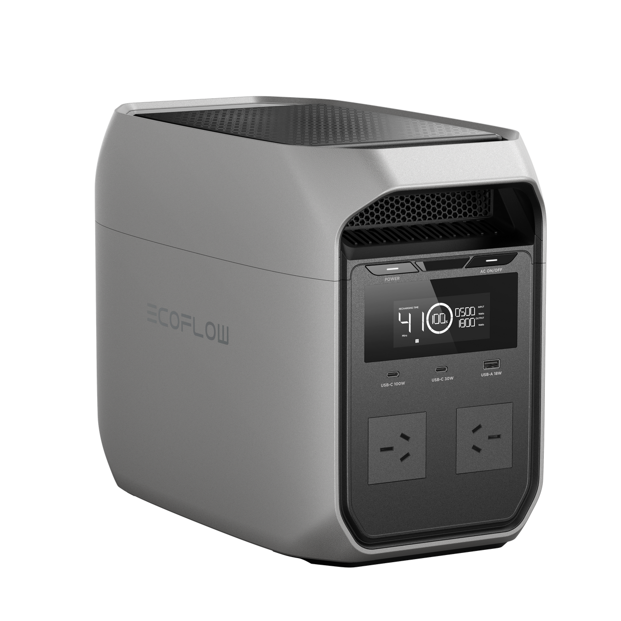 EcoFlow portable power station with digital display and multiple USB outlets