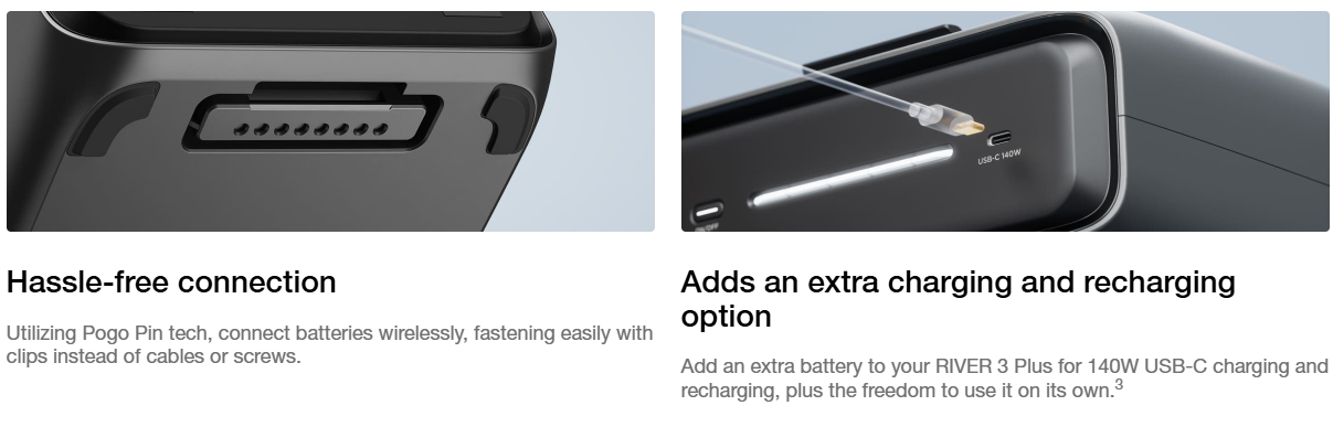 EcoFlow EB300 wire-free Pogo Pin connection to RIVER 3 Plus power station