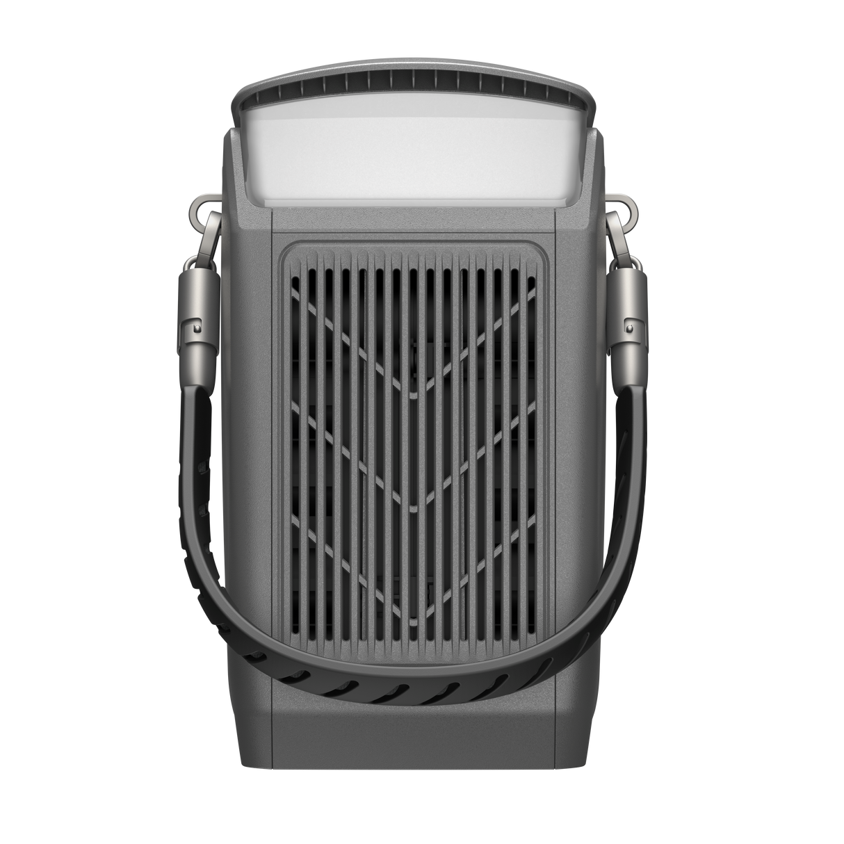 Rear view of portable power station with vented panel and carrying strap, isolated on black.