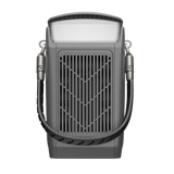 Rear view of portable power station with vented panel and carrying strap, isolated on black.