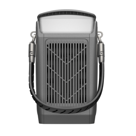 Rear view of portable power station with vented panel and carrying strap, isolated on black.