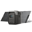 Portable power station with digital display in front of two foldable solar panels