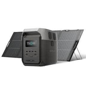 Portable power station with digital display in front of two foldable solar panels