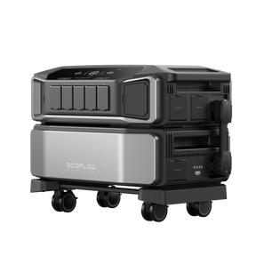 EcoFlow portable power station with battery pack, multiple AC outlets, USB ports, and wheels for mobility