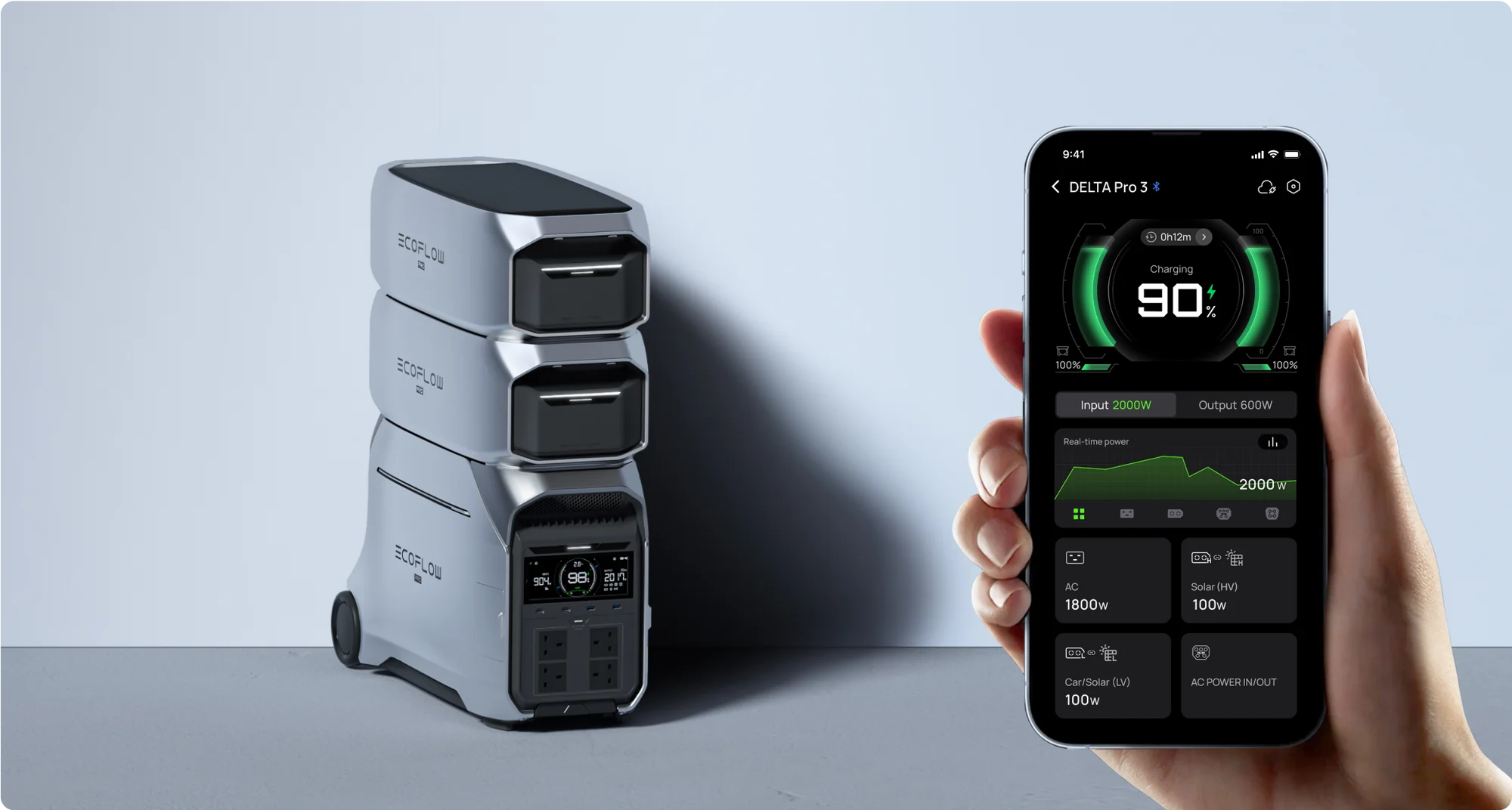 EcoFlow DELTA Pro 3 Smart Extra Battery controlled through EcoFlow app for monitoring and management