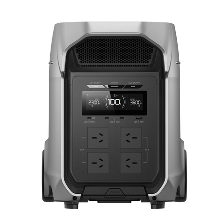 Front view of portable power station with LCD screen and multiple NZ-style AC outlets